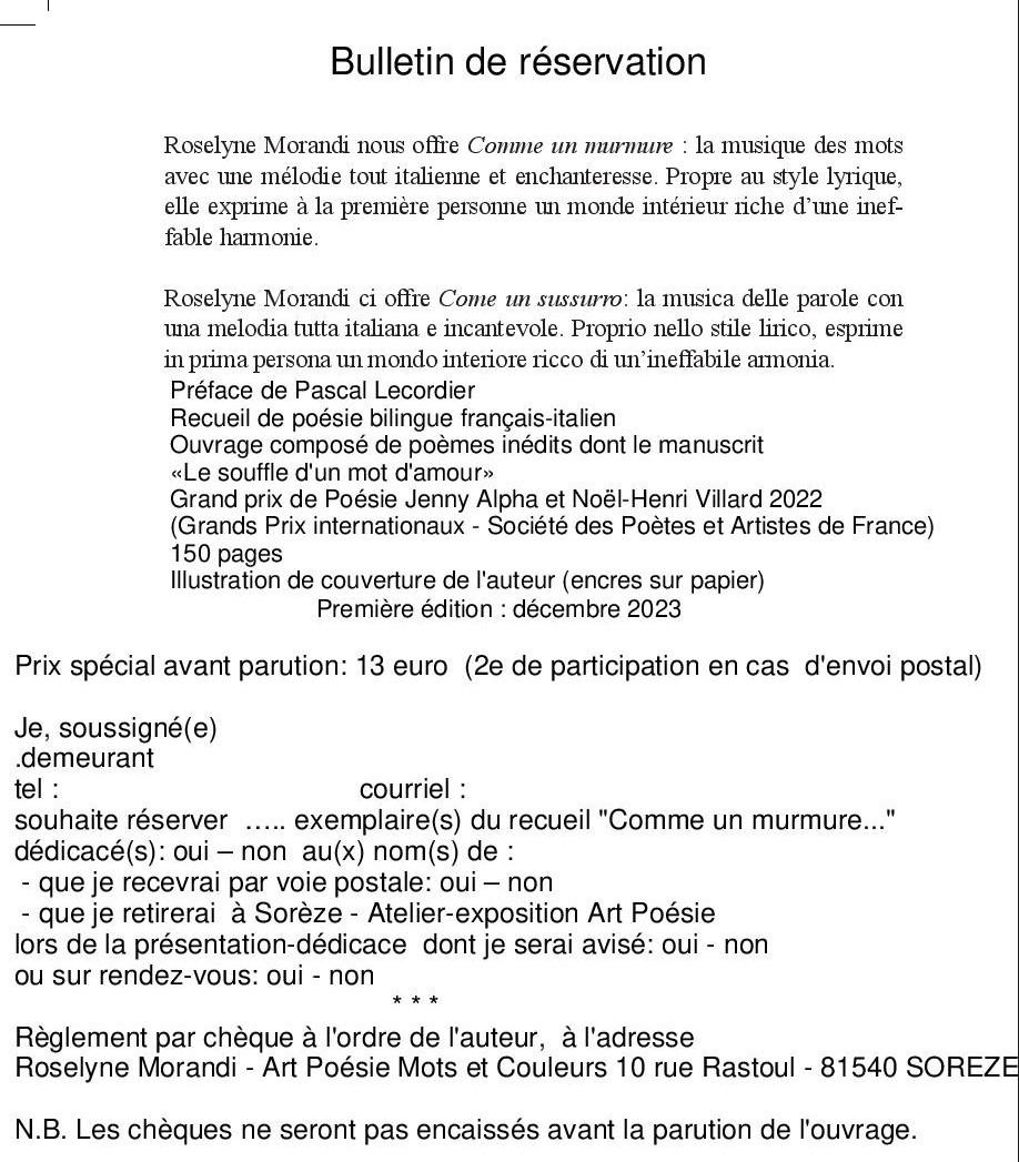 Bulletin de reservation couverture du recueil